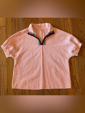 Pink Striped Seersucker Short Sleeve Top Collar Accent Size Large